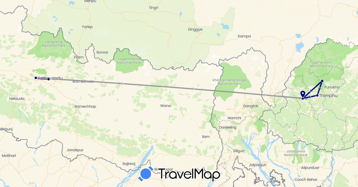 TravelMap itinerary: driving, plane in Bhutan, Nepal (Asia)